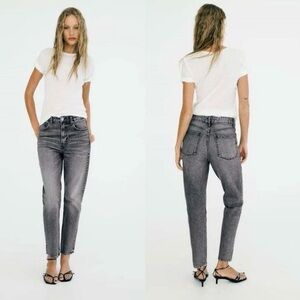 Zara Comfort Mom Fit Grey Acid Distressed Cotton Jeans Size 0